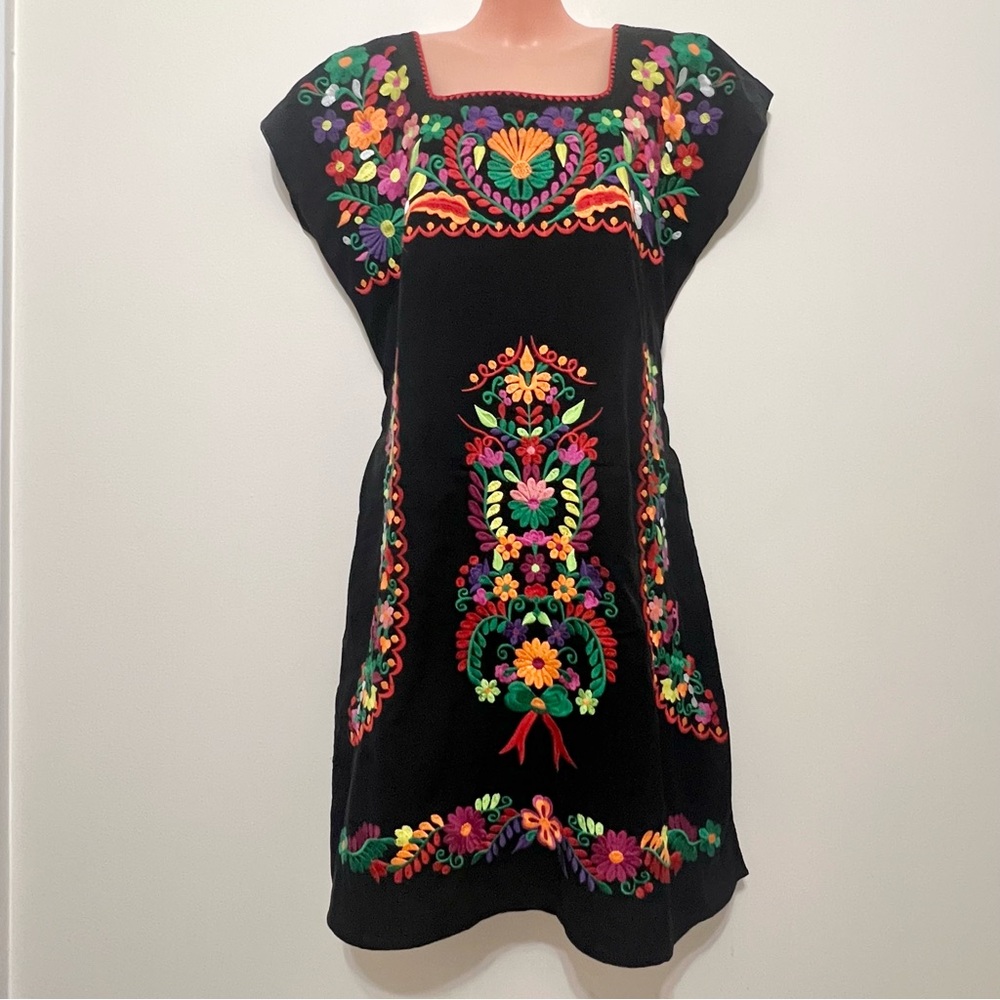 Black Embroidered Floral Mexican Dress - Vivid Multicolor